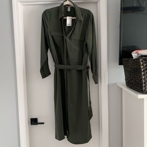 Women’s button down green dress with sleeves and belt